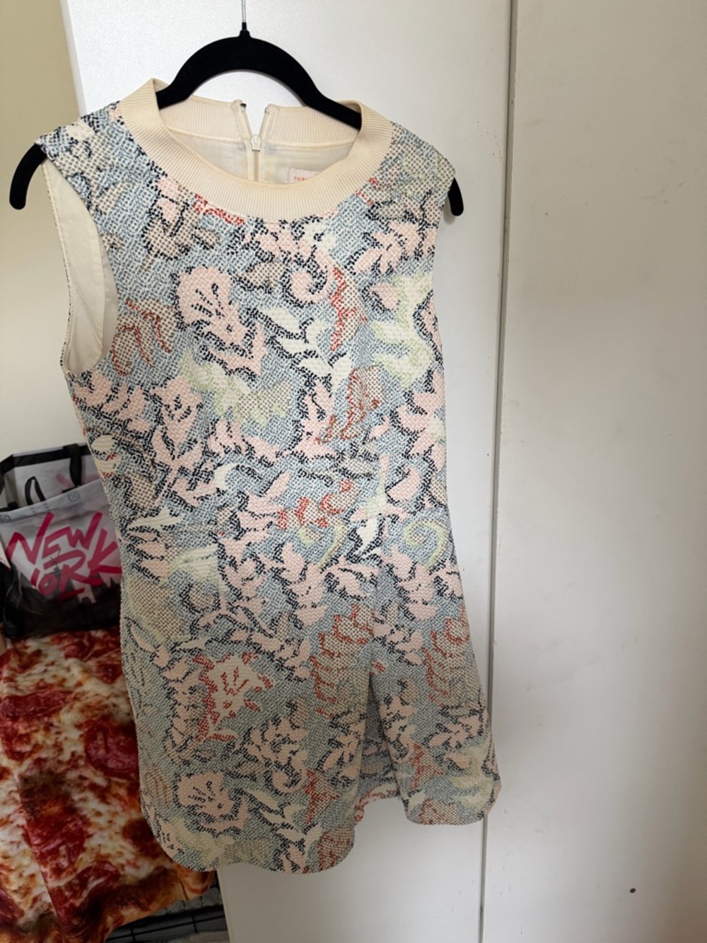 Tory Burch Sleeveless Floral Knit Shift Dress in Pastel Pink, Blue and Cream